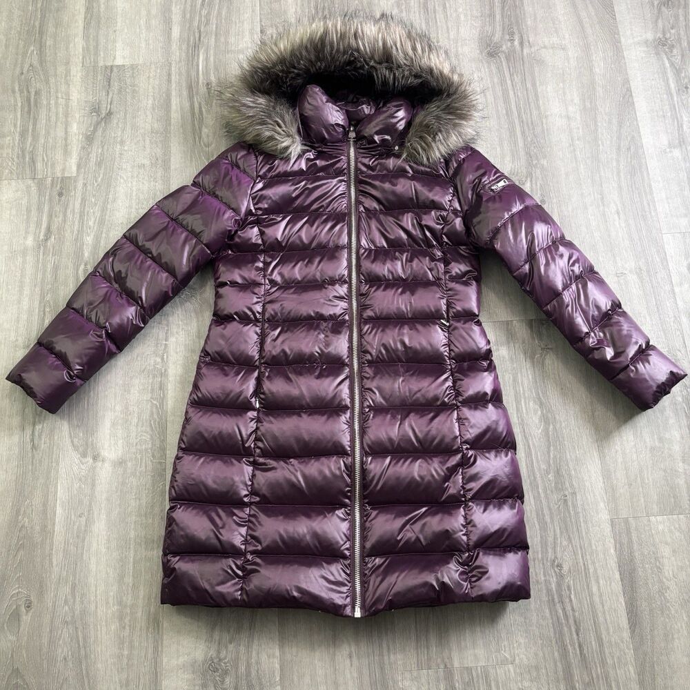 DKNY Winter Snow Down Puffer Jacket Women's Size Large Hooded Purple Anorak